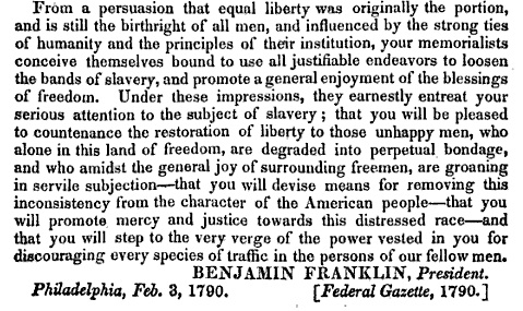 B. Franklin on slavery